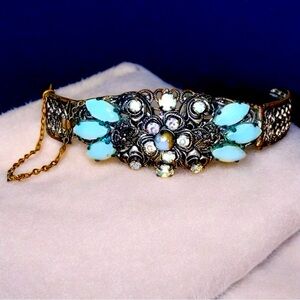 Antique Glass Moonstone Rhinestones Filagree Bracelet Not Marked Made in Germany